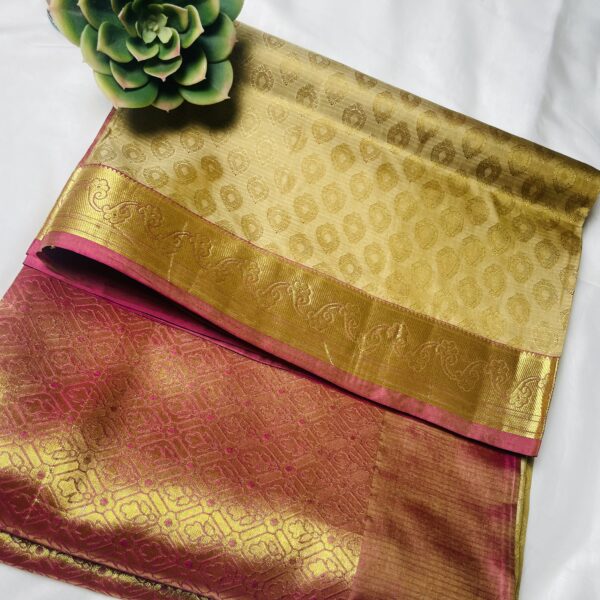Golden yellow pure silk weightless saree with pink broder and self print allover