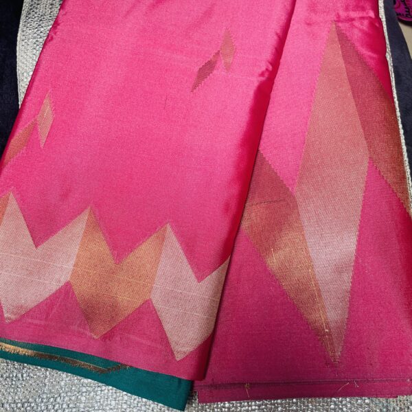 Pink Vegan soft silk temple border saree with peacock green blouse