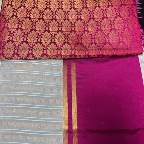 Grey and pink vegan soft solk veidari and stripe butta saree