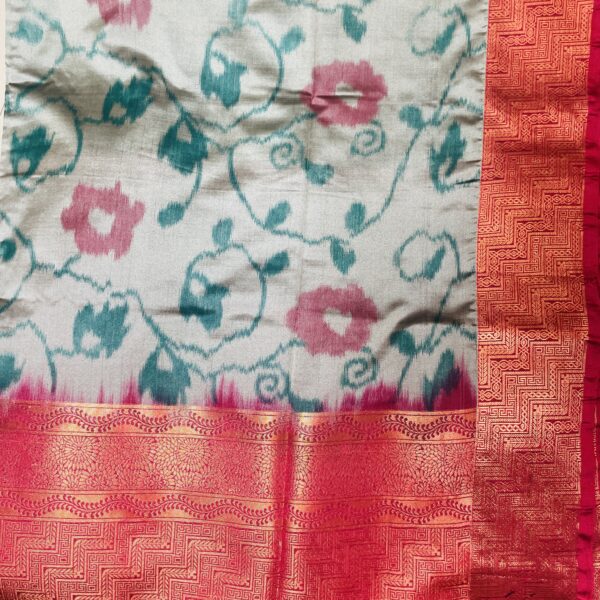 Light grey vegan soft silk Pochamoilly design saree with Red border