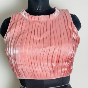 Pink pleated high neck satin blouse