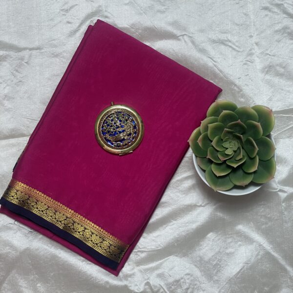 Magenta colour Mysore silk saree with navy blue and golden zari border