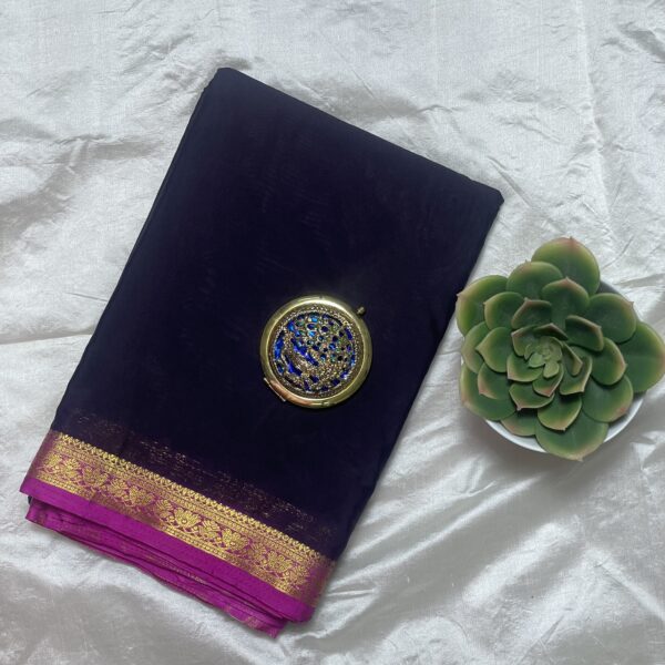 Navy blue Mysore silk saree with Rani pink and golden zari border