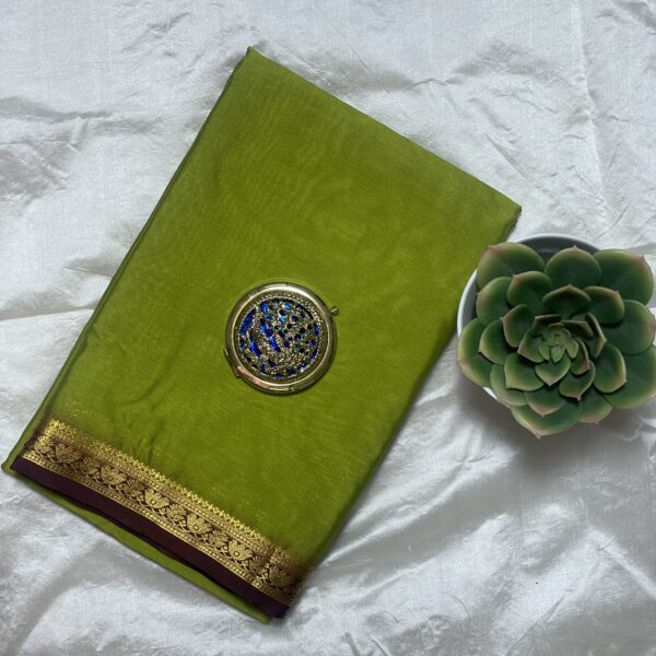 Green Mysore silk saree with Rani pink and golden zari border