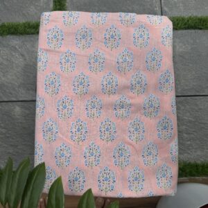 Pink soft cotton running material with blue ajarakh print