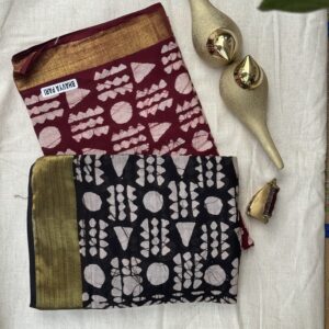 Maroon Batik print Maheswari Churidhar set with black dupatta