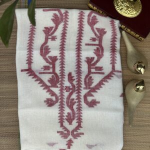 Pure linen kurti material with red jamdhani neck print