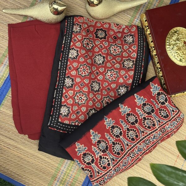 Black cotton silk kurti with Red modal silk yoke and dupatta