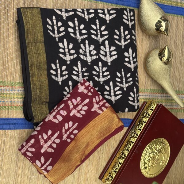 Black Batik print Maheswari silk Churidhar set with maroon dupatta
