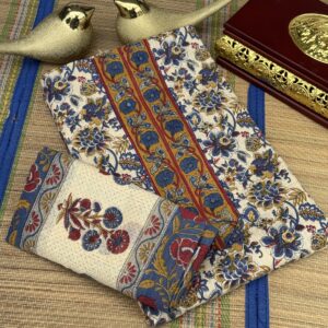 Cream Maheswari silk with blue flowers churidhar set
