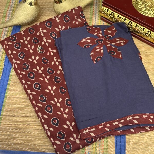 Brown ajarakh print churidhar set with applique dupatta