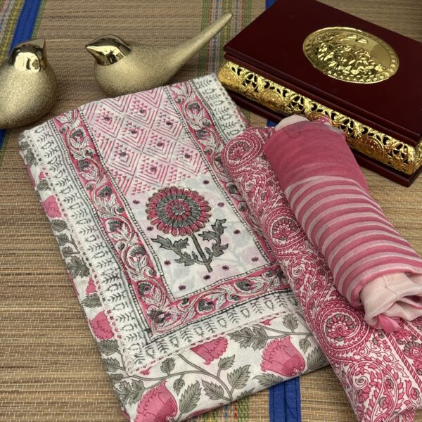 Pink flower cotton Churidhar set with chiffon dupatta