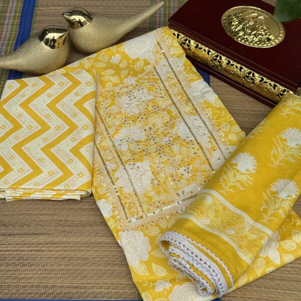 Yellow and white cotton churidhar set with kota dupatta
