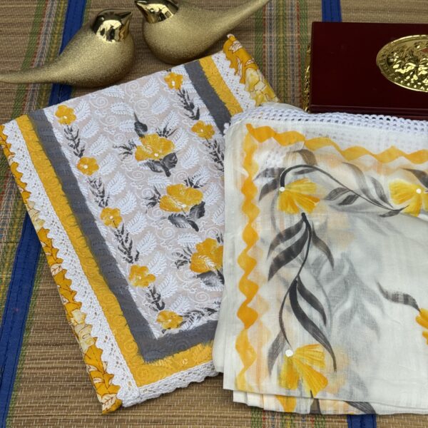Yellow and white flower print cotton churidhar set