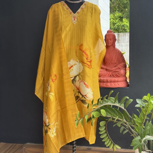 Mustard set with flower in muslin pakistani semi stitched churidhar set