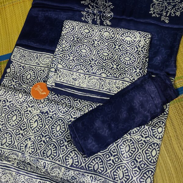 Navy blue Ajarak print modal silk churidhar set with dupatta