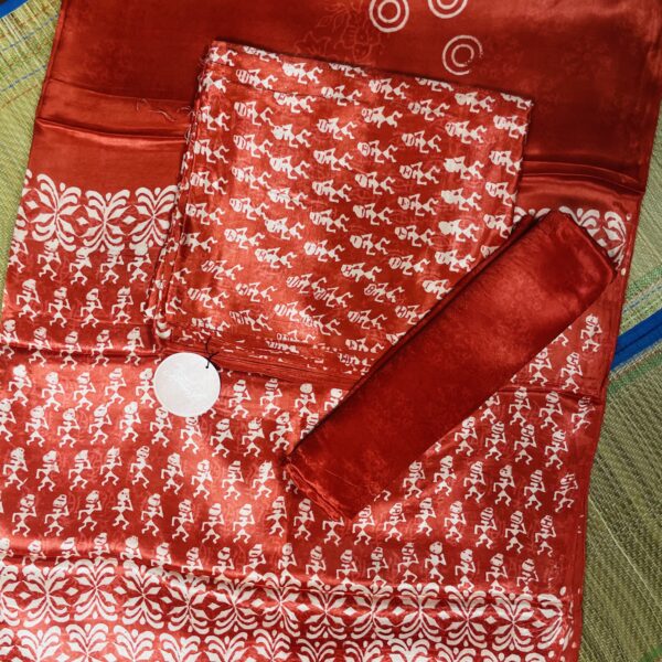 Orangish red Ajarak print modal silk churidhar set with dupatta