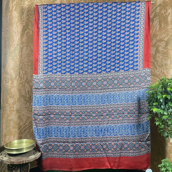 Blue ajarakh with red border modal silk Saree