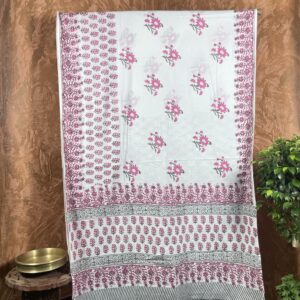 Offwhite and pink flower block print pure cotton Saree