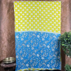 Yellow white triangle block print pure cotton Saree