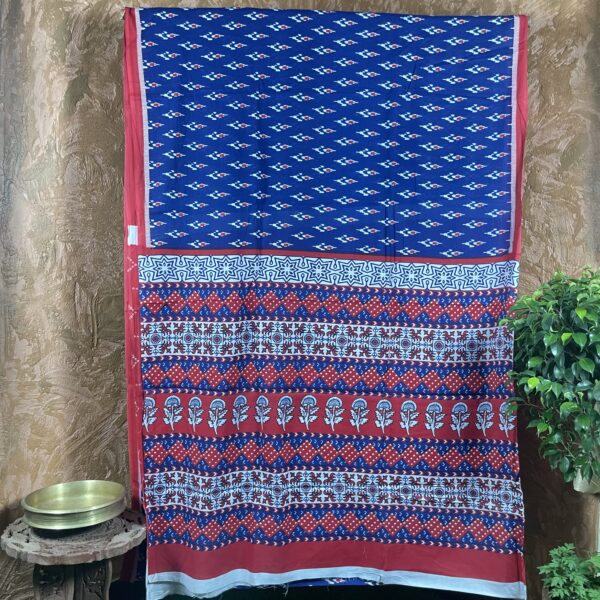 Blue red and white patola Cotton screen print Saree