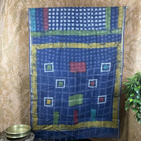 Indigo with red and yellow boxes kota doria Saree