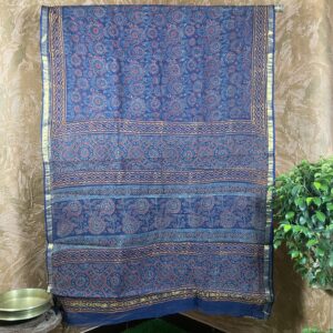 Indigo with red bagru print kota doria Saree