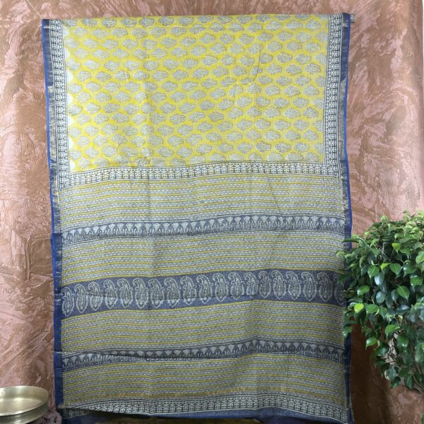 Yellow with blue border kota doria Saree
