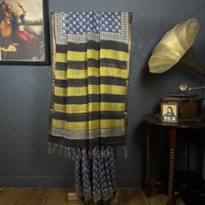 Blue Bagru print chanderi silk saree with yellow border