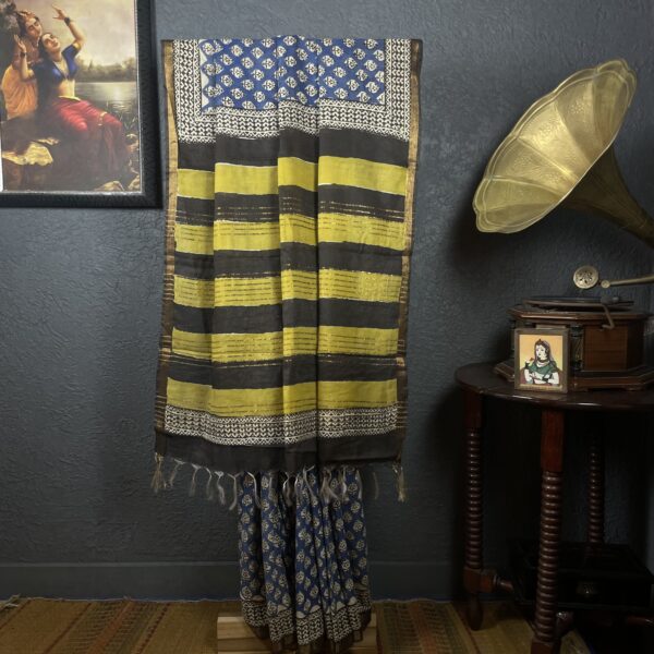 Blue Bagru print chanderi silk saree with yellow border
