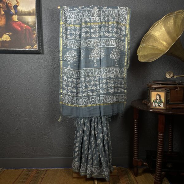 Bagru print Grey Chanderi silk saree
