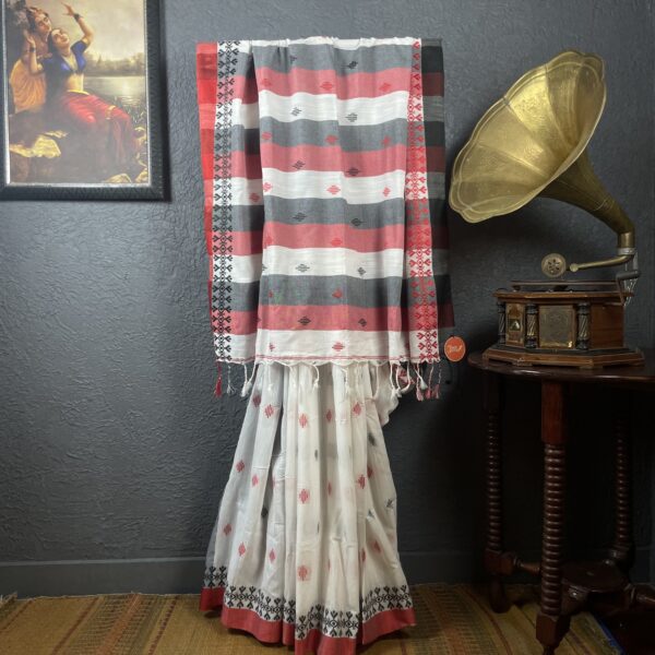 White Saree with red and black buta prints