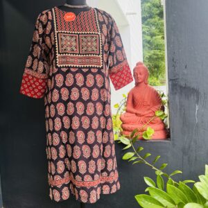 Rust red ajarakh mango print cotton kurti with yoke neck