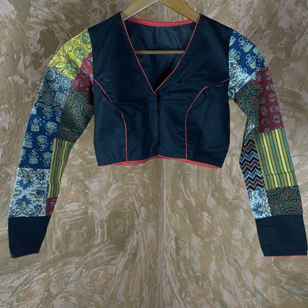 Black blouse with long ajarakh patch work hands