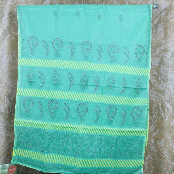 Green with yellow stripes saree with Chikankari print