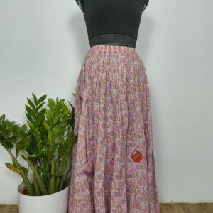 Pink flower print long skirt