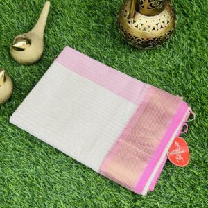 Offwhite Maheswari Silk Saree with Zari weaving & baby pink border
