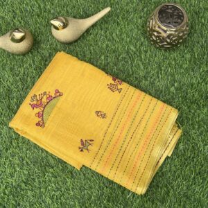 Mustard Maheswari silk saree with hand embroidery all over
