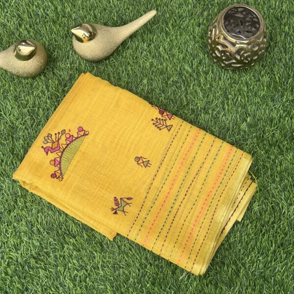 Mustard Maheswari silk saree with hand embroidery all over