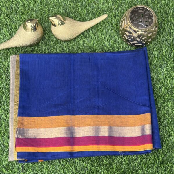 Royal blue Maheswari silk saree with yellow and red border - Image 2