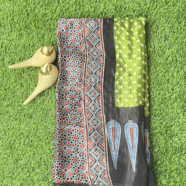 Green Bandhini modal silk saree with ajarakh border and pallu