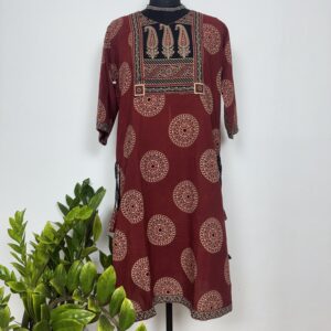 Rust red ajarakh cotton kurti with yoke neck