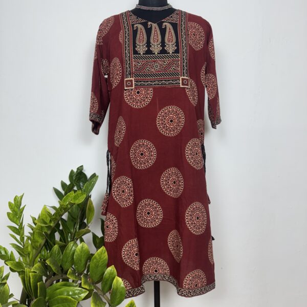 Rust red ajarakh cotton kurti with yoke neck