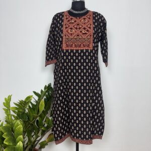 Black ajarakh cotton kurti with yoke neck