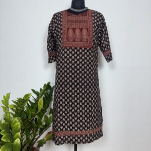 Black ajarakh cotton kurti with yoke neck