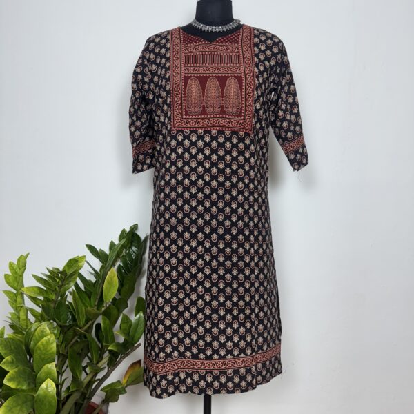 Black ajarakh cotton kurti with yoke neck