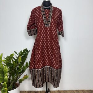 Rust red ajarakh cotton analrkali kurti with V neck
