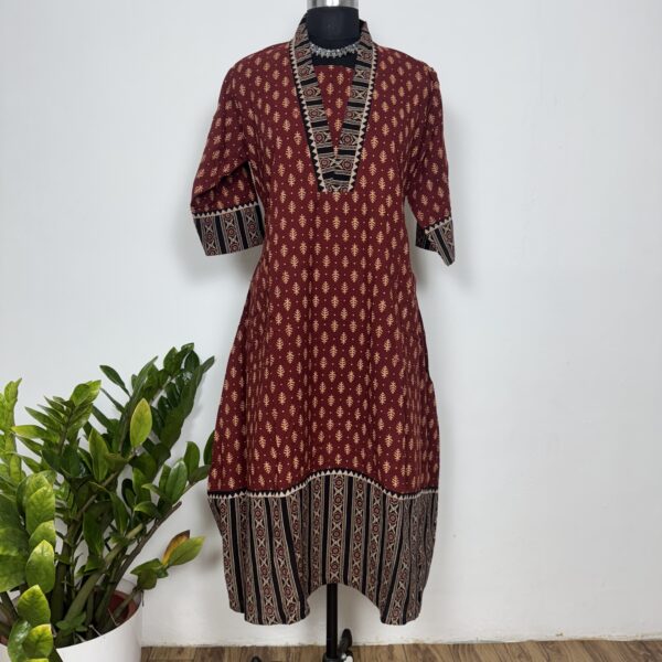 Rust red ajarakh cotton analrkali kurti with V neck