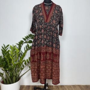 Black and Rust red ajarakh cotton analrkali kurti with V neck