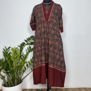 Black and Rust red ajarakh cotton analrkali kurti with V neck